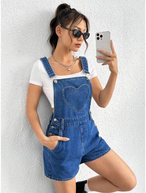 SHEIN EZwear Heart Patched Denim Overall Romper Without Tee