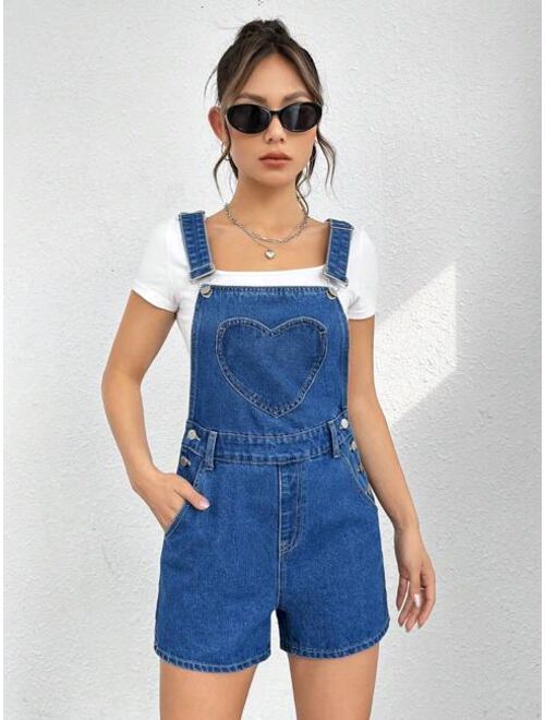 SHEIN EZwear Heart Patched Denim Overall Romper Without Tee