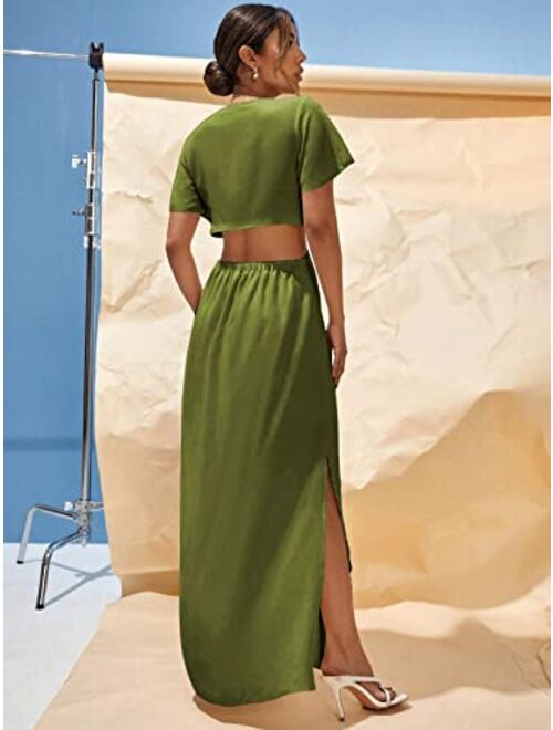 Cozyease Women's Short Sleeve Maxi Dress Tie Front Split Hem A Line Dress Summer Casual