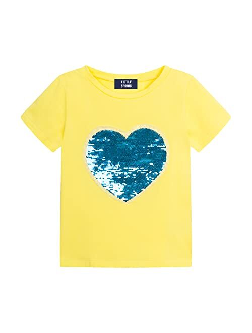 LittleSpring Girls Short Sleeve Heart Shaped Flip Sequin T-Shirt