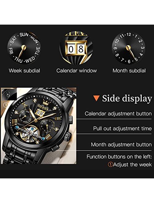 OLEVS Watches Men Automatic,Self Winding Skeleton Watches for Men Tourbillon No Battery,Luxury Stainless Steel Dress Watch with Date Mechanical Men's Watches Waterproof F