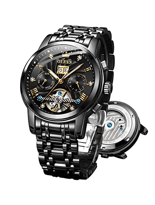 OLEVS Watches Men Automatic,Self Winding Skeleton Watches for Men Tourbillon No Battery,Luxury Stainless Steel Dress Watch with Date Mechanical Men's Watches Waterproof F