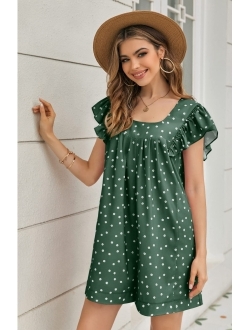 DOBULO Women's Ruffle Short Sleeve Romper Floral Printed Wide Leg Flowy Loose Jumpsuit