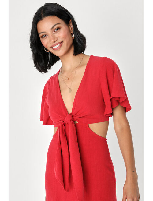 Lulus Summer Journey Red Tie-Front Cutout Midi Dress