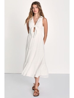 Lively Radiance White Tie-Front Tiered Midi Dress