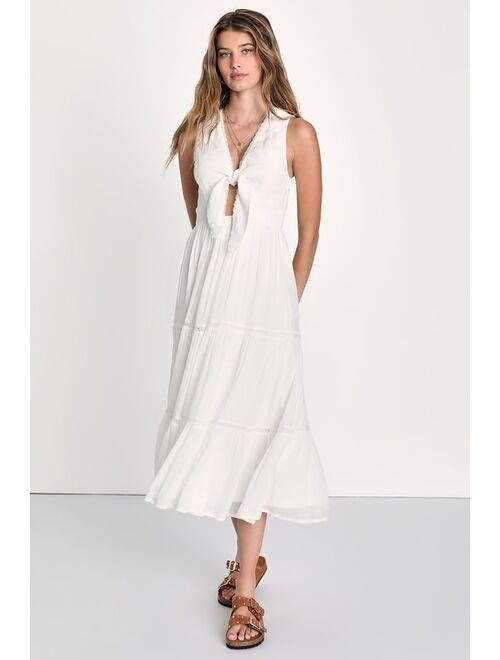 Lulus Lively Radiance White Tie-Front Tiered Midi Dress