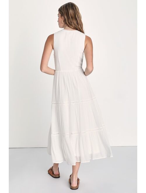 Lulus Lively Radiance White Tie-Front Tiered Midi Dress