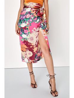 Romantic Designs Pink Floral Print Satin Wrap Midi Skirt