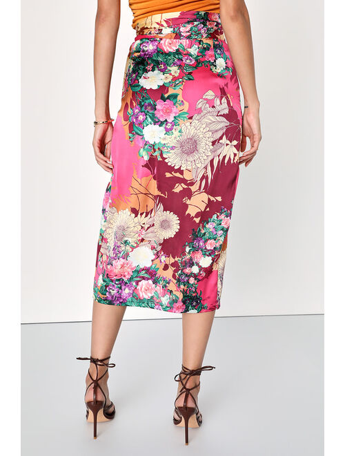 Lulus Romantic Designs Pink Floral Print Satin Wrap Midi Skirt