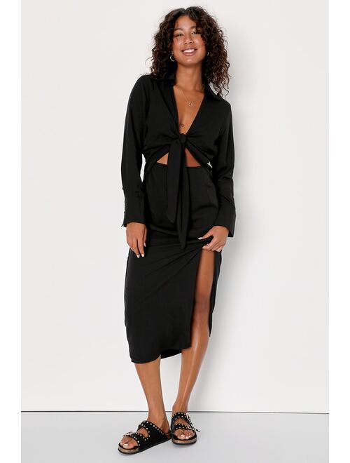 Lulus Long Story Shirt Black Long Sleeve Tie-Front Midi Dress