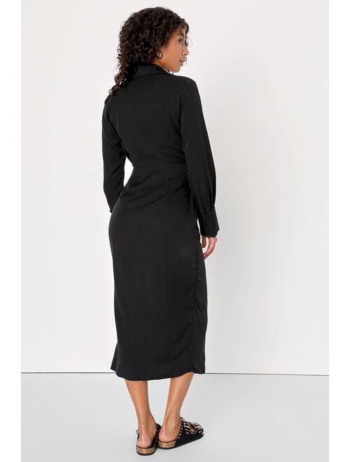 Lulus Long Story Shirt Black Long Sleeve Tie-Front Midi Dress
