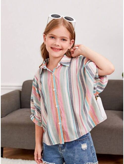 SHEIN Kids EVRYDAY Girls Striped Print Batwing Sleeve Shirt