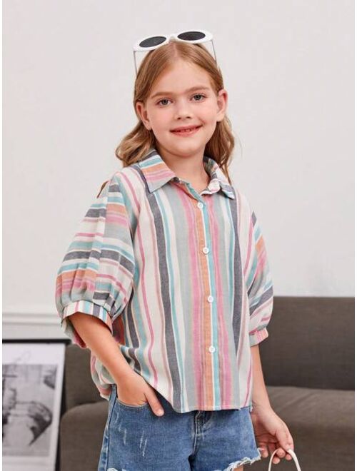 SHEIN Kids EVRYDAY Girls Striped Print Batwing Sleeve Shirt