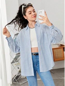 Teen Girl Striped Print Drop Shoulder Shirt