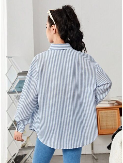 SHEIN Teen Girl Striped Print Drop Shoulder Shirt