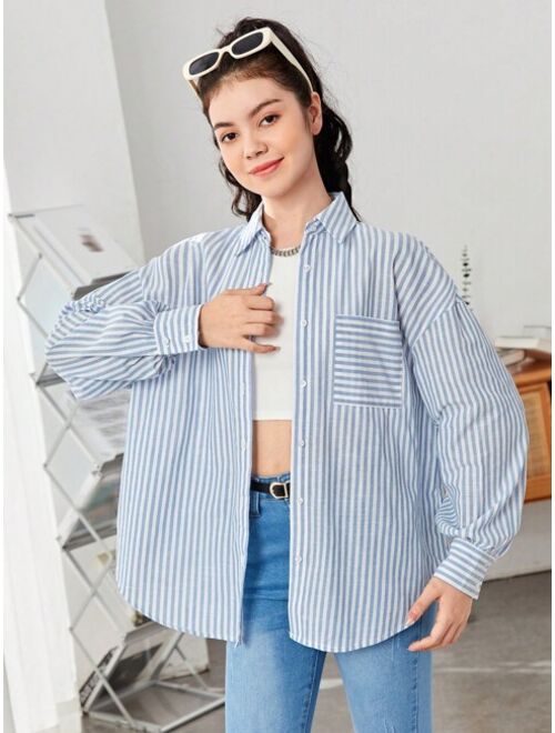 SHEIN Teen Girl Striped Print Drop Shoulder Shirt