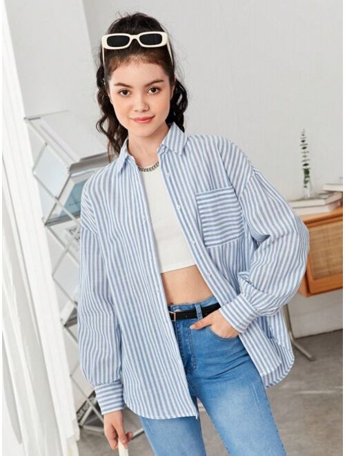 SHEIN Teen Girl Striped Print Drop Shoulder Shirt