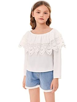 Girl's Off The Shoulder Ruffle Trim Lace Short Sleeve Blouse Top