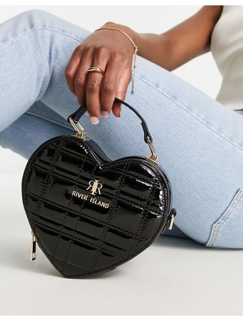 River Island quilted heart cross body bag in black