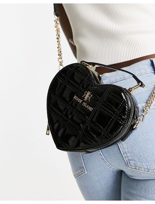 River Island quilted heart cross body bag in black