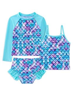 swimsobo Girls 3-Piece Swimsuit Long Sleeve Rash Guard Tankini Sets UPF 50+ Bathing Suit 3-10T