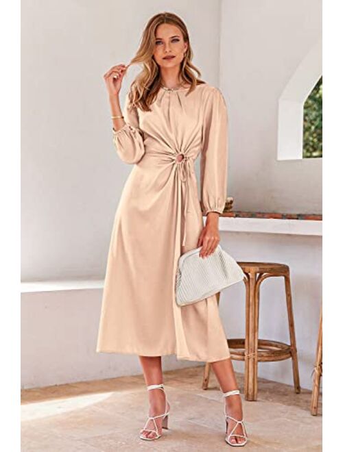 PRETTYGARDEN Women's 2023 Satin Maxi Dress Puff Long Sleeve Crewneck Cutout Casual A-line Long Flowy Dresses