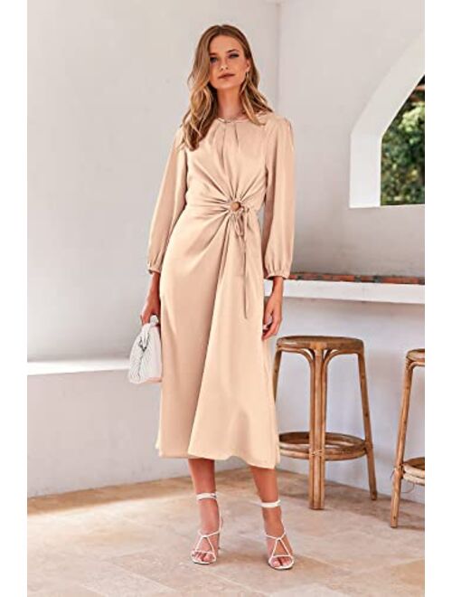 PRETTYGARDEN Women's 2023 Satin Maxi Dress Puff Long Sleeve Crewneck Cutout Casual A-line Long Flowy Dresses