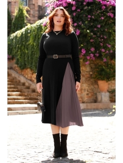 Women's Spring Fashion Long Sleeve Midi Dress Casual Ribbed Knit Color Block A Line Ruffle Dresses