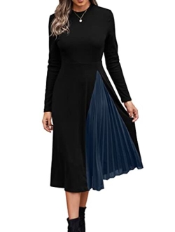 Women's Spring Fashion Long Sleeve Midi Dress Casual Ribbed Knit Color Block A Line Ruffle Dresses