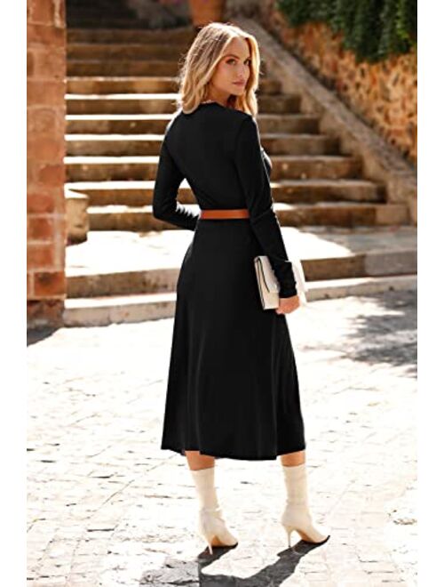 PRETTYGARDEN Women's Spring Fashion Long Sleeve Midi Dress Casual Ribbed Knit Color Block A Line Ruffle Dresses