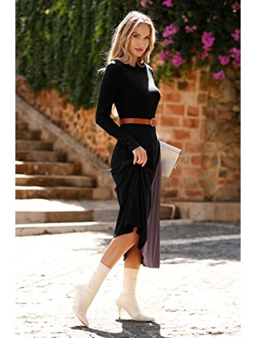 PRETTYGARDEN Women's Spring Fashion Long Sleeve Midi Dress Casual Ribbed Knit Color Block A Line Ruffle Dresses