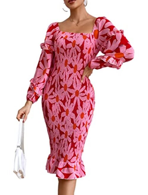 PRETTYGARDEN Women's Long Puff Sleeve Floral Midi Bodycon Dresses Square Neck Ruffle Mermaid Smocked Dress