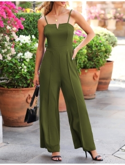 Theenkoln Women's Stretchy Notch Neck Jumpsuit High Waist Spaghetti Strap Romper Wide Leg Pants Rompers with Pockets