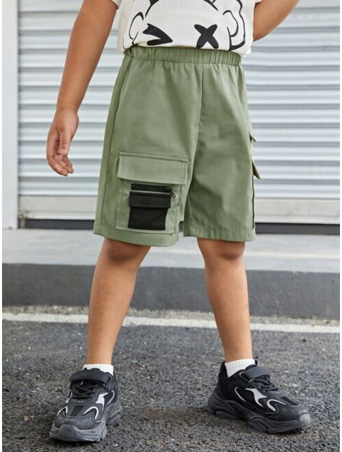 SHEIN Young Boys' Casual Loose Solid Color Cargo Pocket Woven Shorts
