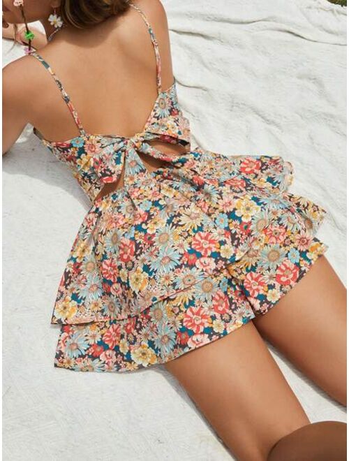 SHEIN WYWH Allover Floral Print Tie Backless Two Layer Hem Cami Romper