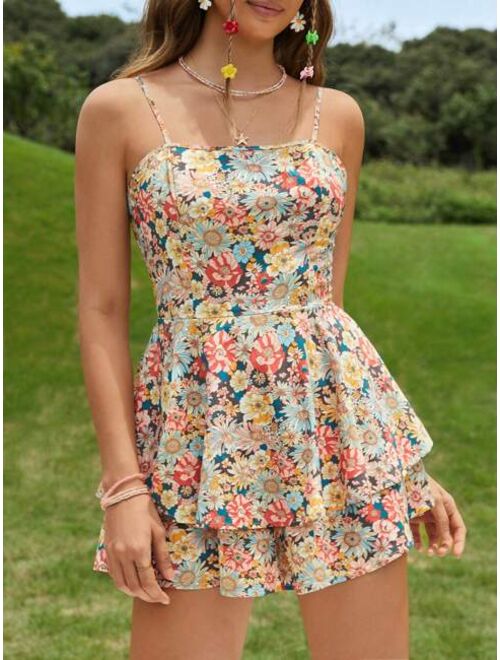 SHEIN WYWH Allover Floral Print Tie Backless Two Layer Hem Cami Romper