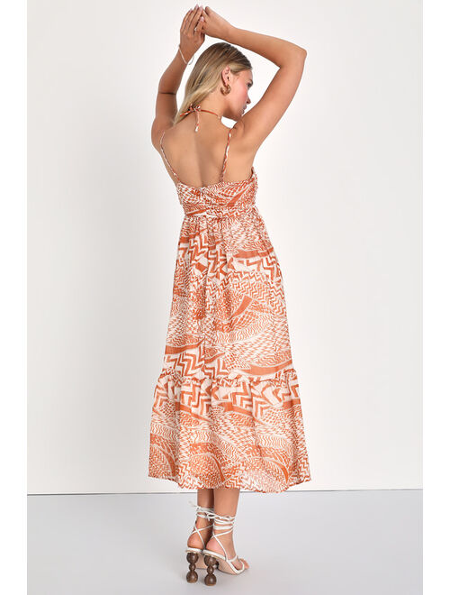 Lulus Vibing on Vacay Rust Orange and White Geo Print Midi Dress