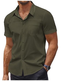Men's Muscle Fit Dress Shirts Short Sleeve Slim Fit Cotton Casual Button Down Shirt with Pocket
