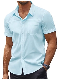 Men's Muscle Fit Dress Shirts Short Sleeve Slim Fit Cotton Casual Button Down Shirt with Pocket