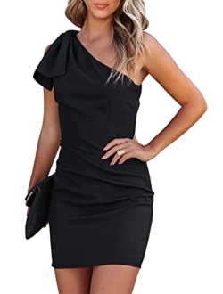 Women's 2023 Summer Bodycon Dress Bow One Shoulder Sleeveless Party Cocktail Short Fitted Dresses