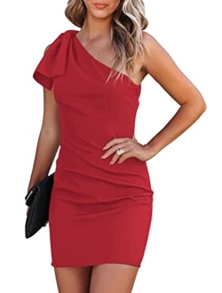 Women's 2023 Summer Bodycon Dress Bow One Shoulder Sleeveless Party Cocktail Short Fitted Dresses