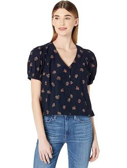 Corduroy Bubble-Sleeve Crop Shirt in Britannica Blockprint