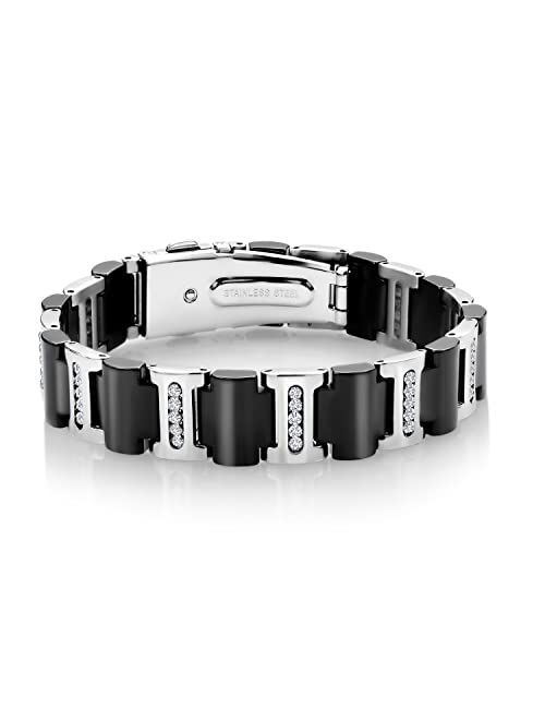 Gem Stone King Men's Stainless Steel and Black Ceramic Bracelet with 925 Sterling Silver CZ Chain (1.00 Cttw, 8.3 Inch, Width 14MM)