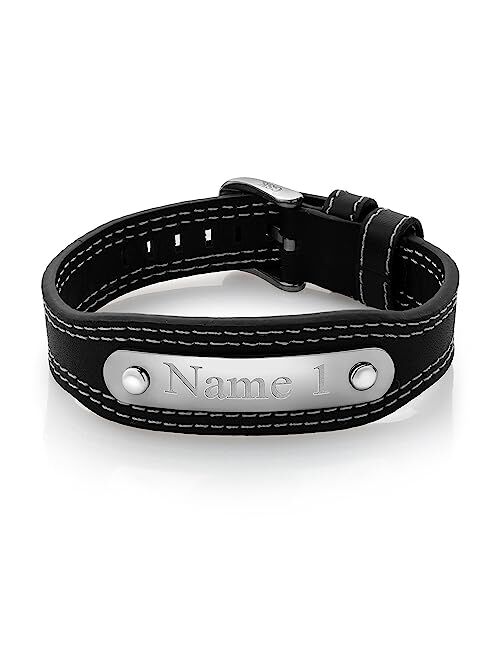 Gem Stone King Men's Engravable Personalized Stainless Steel and Black Leather ID Bracelet (Length 8.5 Inch, Width 22MM, with Adjustable Watch Clasp)