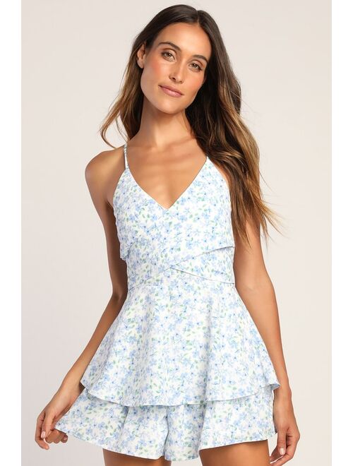Lulus Here to Play White Floral Print Sleeveless Tie-Back Romper