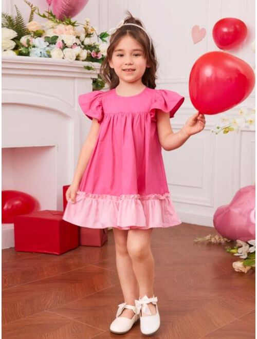 SHEIN Kids CHARMNG Toddler Girls Butterfly Sleeve Contrast Ruffle Hem Dress
