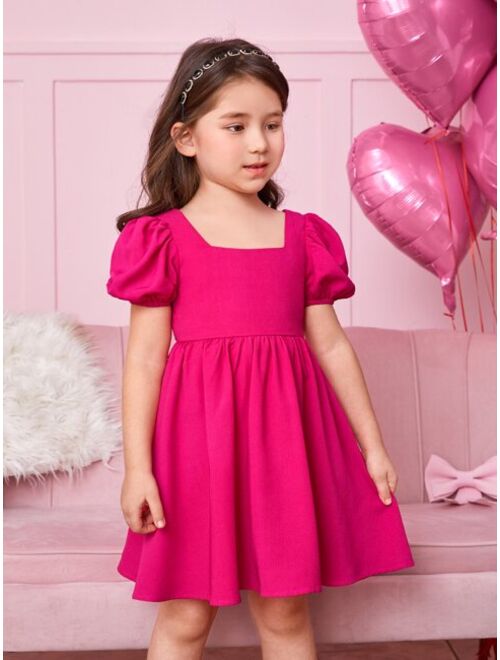 SHEIN Kids CHARMNG Toddler Girls Square Neck Puff Sleeve Dress