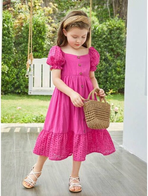 SHEIN Kids SUNSHNE Toddler Girls Eyelet Embroidery Puff Sleeve Ruffle Hem Dress