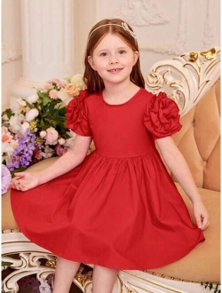 Kids CHARMNG Toddler Girls Solid Floral Applique Puff Sleeve Dress