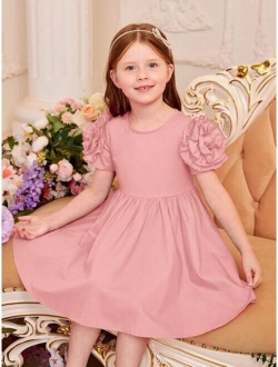 Kids CHARMNG Toddler Girls Solid Floral Applique Puff Sleeve Dress